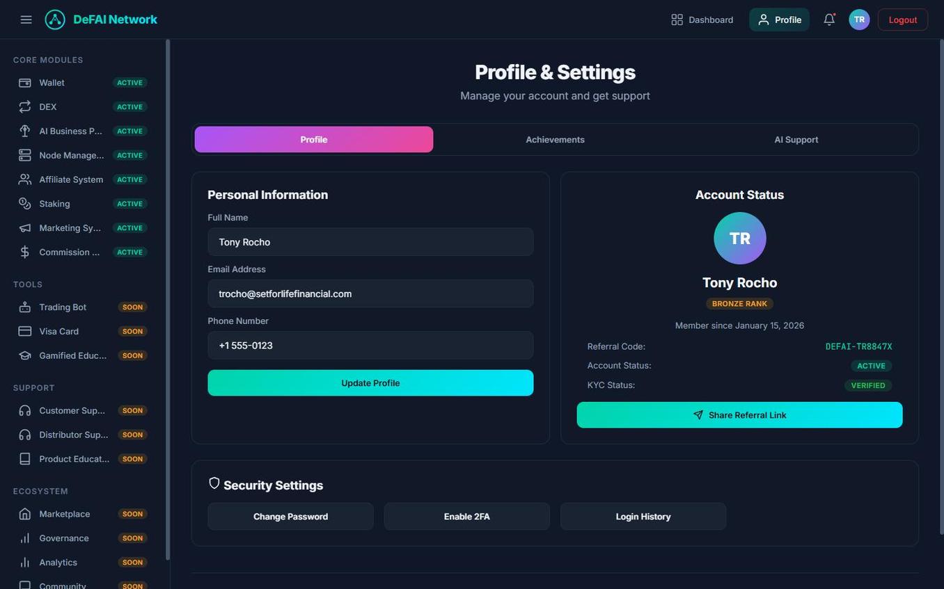 User profile with performance metrics and network stats